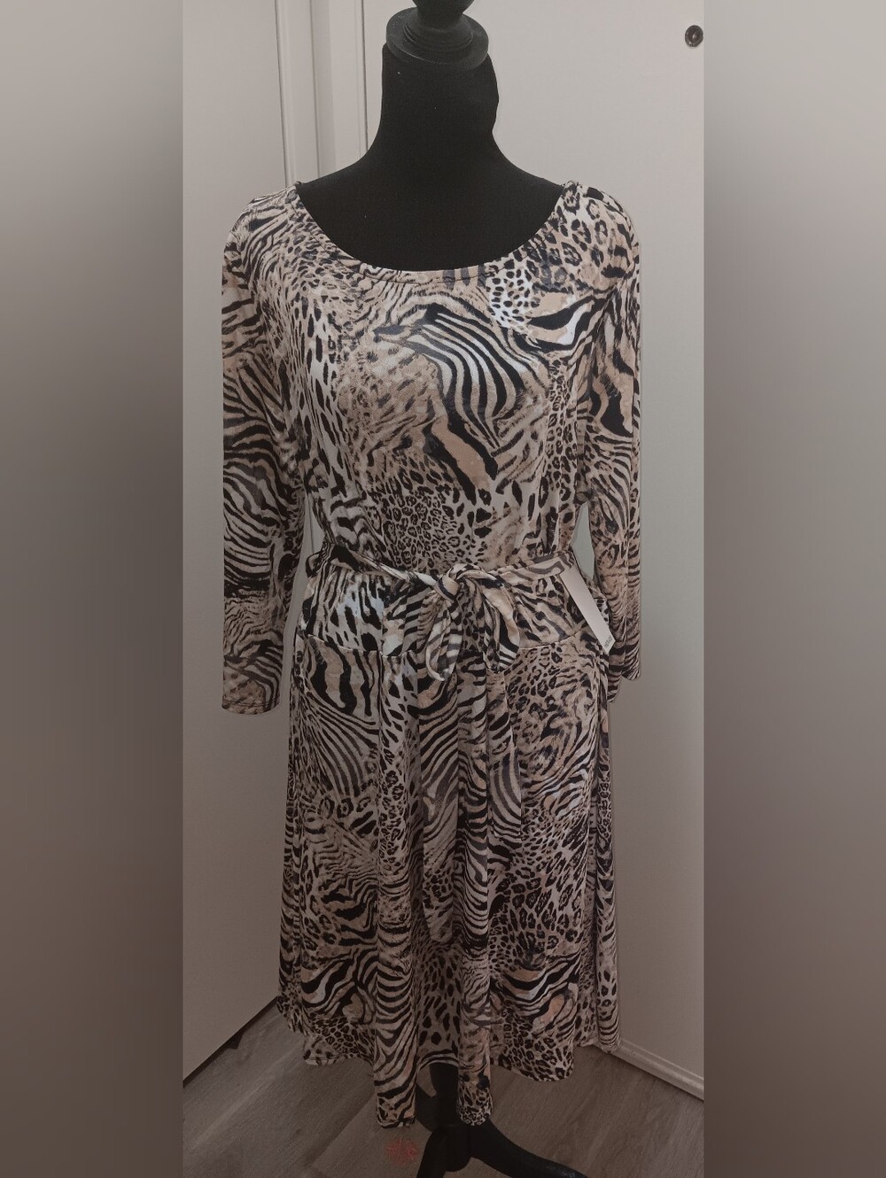 Asymmetrical Animal-Print Tie-Waist Dress - Beige/Black